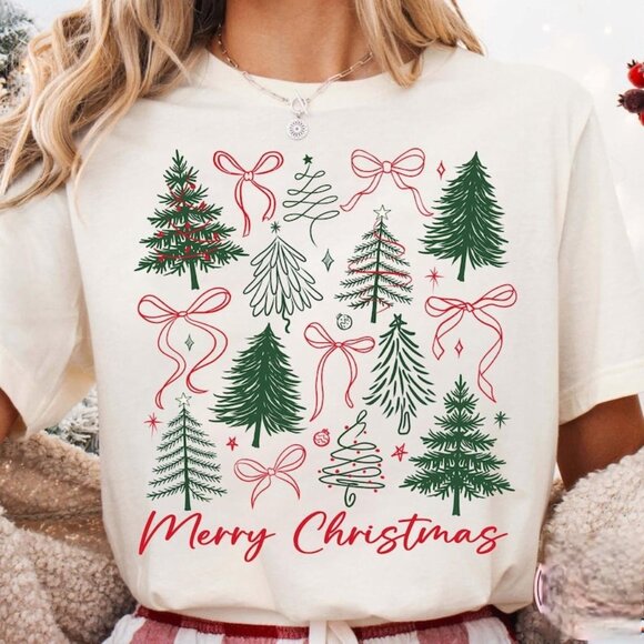 Tops - Cute Christmas Tree Shirt, Bow Tree Christmas Tee, Graphic Christmas Shirt